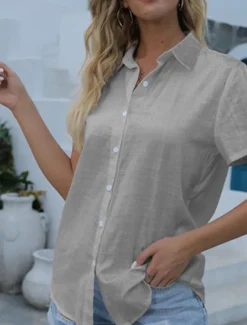 Women's Shirt Blouse Solid Color Daily Stylish Casual Short Sleeve Shirt Collar Regular Tops Daily Linen Like Buttons Black White Pink Gray Summer Spring