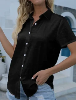 Women's Shirt Blouse Solid Color Daily Stylish Casual Short Sleeve Shirt Collar Regular Tops Daily Linen Like Buttons Black White Pink Gray Summer Spring