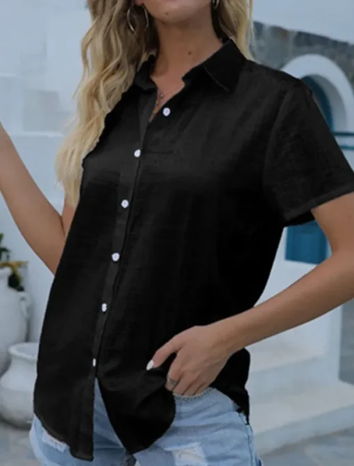 Women's Shirt Blouse Solid Color Daily Stylish Casual Short Sleeve Shirt Collar Regular Tops Daily Linen Like Buttons Black White Pink Gray Summer Spring
