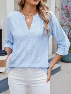 Women's Shirt Blouse Solid Color Basic Casual Long Sleeve V Neck Regular Tops Daily Eyelet Black White Blue Spring Fall