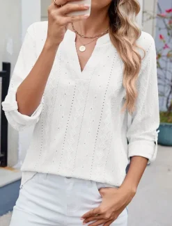 Women's Shirt Blouse Solid Color Basic Casual Long Sleeve V Neck Regular Tops Daily Eyelet Black White Blue Spring Fall