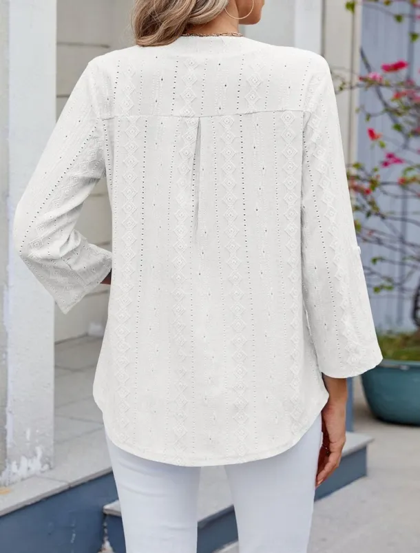 Women's Shirt Blouse Solid Color Basic Casual Long Sleeve V Neck Regular Tops Daily Eyelet Black White Blue Spring Fall