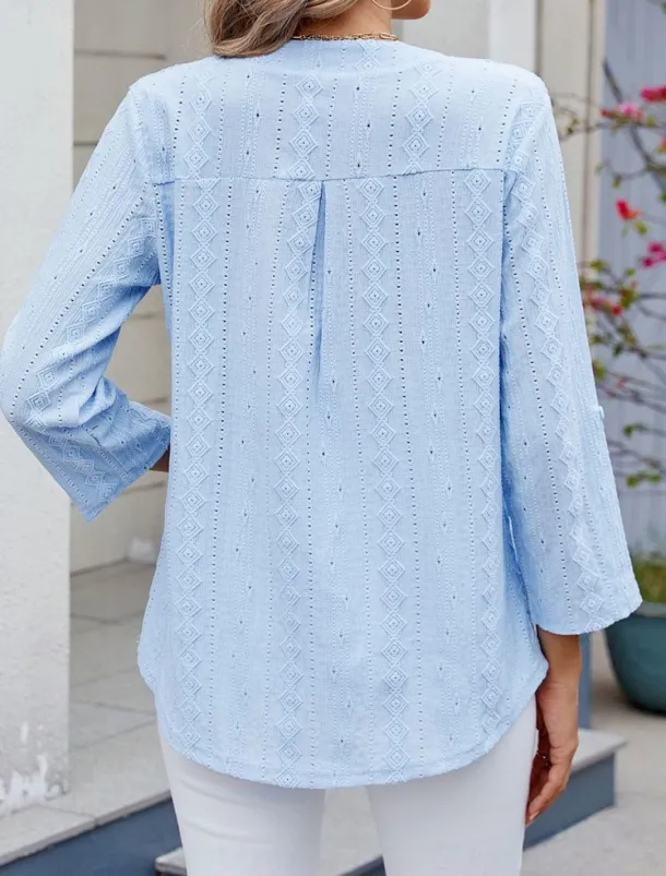 Women's Shirt Blouse Solid Color Basic Casual Long Sleeve V Neck Regular Tops Daily Eyelet Black White Blue Spring Fall