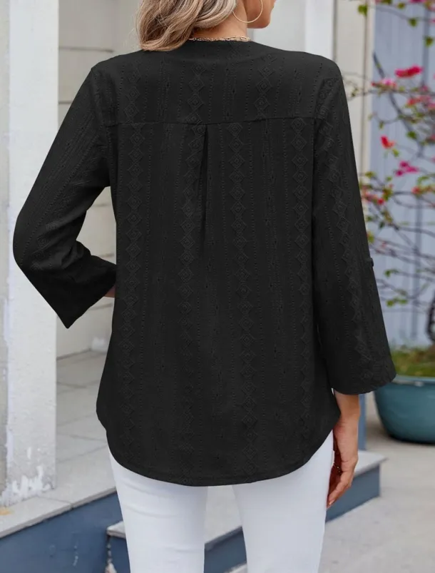 Women's Shirt Blouse Solid Color Basic Casual Long Sleeve V Neck Regular Tops Daily Eyelet Black White Blue Spring Fall