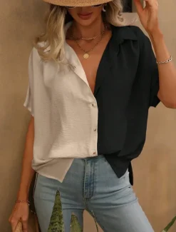 Women's Shirt Blouse Solid Color Stylish Casual Short Sleeve Shirt Collar Regular Tops Daily Buttons Black White Summer Spring