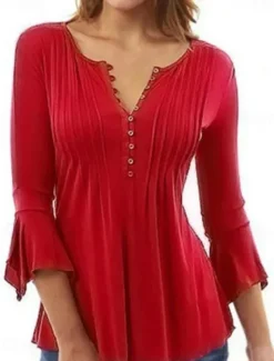 Women's Shirt Blouse Streetwear Casual 3/4 Length Sleeve Shirt Collar Regular Tops Holiday Weekend Pleated Red
