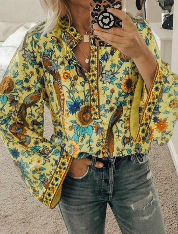 Women's Shirt Blouse Yellow Pink Dusty Rose Graphic Floral Button Print Long Sleeve Daily Holiday Vintage Boho Streetwear Round Neck Regular Boho S