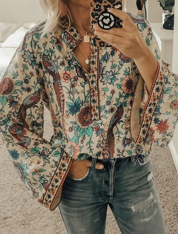 Women's Shirt Blouse Yellow Pink Dusty Rose Graphic Floral Button Print Long Sleeve Daily Holiday Vintage Boho Streetwear Round Neck Regular Boho S