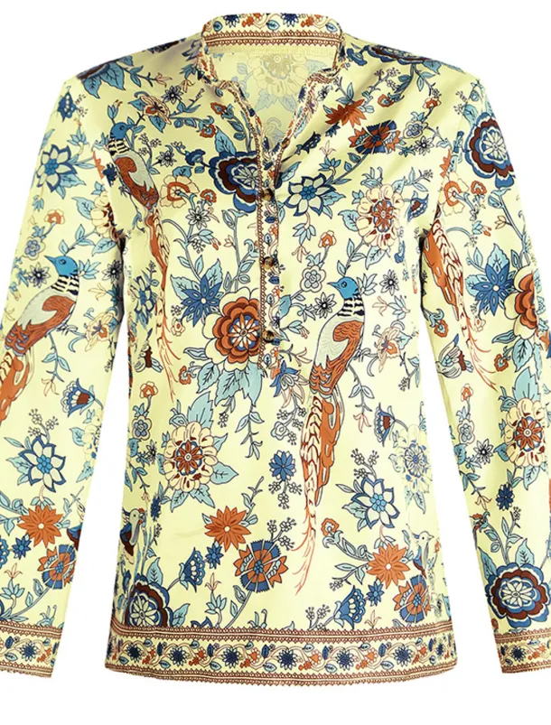 Women's Shirt Blouse Yellow Pink Dusty Rose Graphic Floral Button Print Long Sleeve Daily Holiday Vintage Boho Streetwear Round Neck Regular Boho S