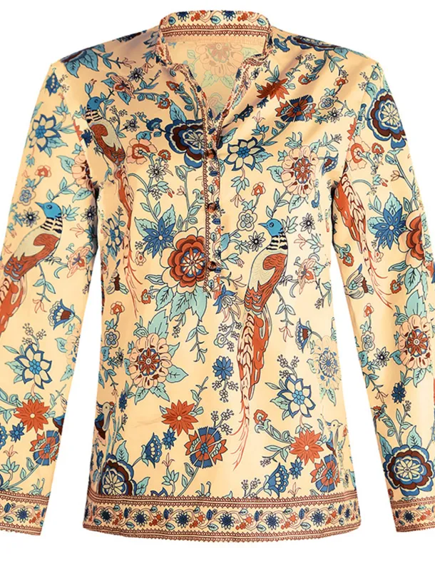 Women's Shirt Blouse Yellow Pink Dusty Rose Graphic Floral Button Print Long Sleeve Daily Holiday Vintage Boho Streetwear Round Neck Regular Boho S