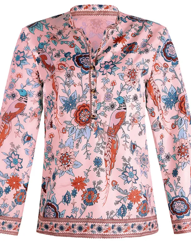 Women's Shirt Blouse Yellow Pink Dusty Rose Graphic Floral Button Print Long Sleeve Daily Holiday Vintage Boho Streetwear Round Neck Regular Boho S