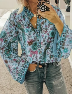 Women's Shirt Blouse Yellow Pink Dusty Rose Graphic Floral Button Print Long Sleeve Daily Holiday Vintage Boho Streetwear Round Neck Regular Boho S