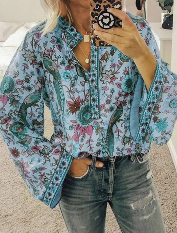 Women's Shirt Blouse Yellow Pink Dusty Rose Graphic Floral Button Print Long Sleeve Daily Holiday Vintage Boho Streetwear Round Neck Regular Boho S