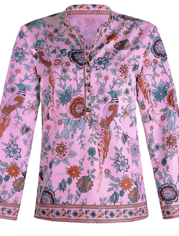 Women's Shirt Blouse Yellow Pink Dusty Rose Graphic Floral Button Print Long Sleeve Daily Holiday Vintage Boho Streetwear Round Neck Regular Boho S