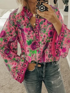 Women's Shirt Blouse Yellow Pink Dusty Rose Graphic Floral Button Print Long Sleeve Daily Holiday Vintage Boho Streetwear Round Neck Regular Boho S