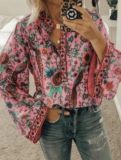 Women's Shirt Blouse Yellow Pink Dusty Rose Graphic Floral Button Print Long Sleeve Daily Holiday Vintage Boho Streetwear Round Neck Regular Boho S