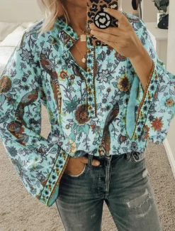 Women's Shirt Blouse Yellow Pink Dusty Rose Graphic Floral Button Print Long Sleeve Daily Holiday Vintage Boho Streetwear Round Neck Regular Boho S