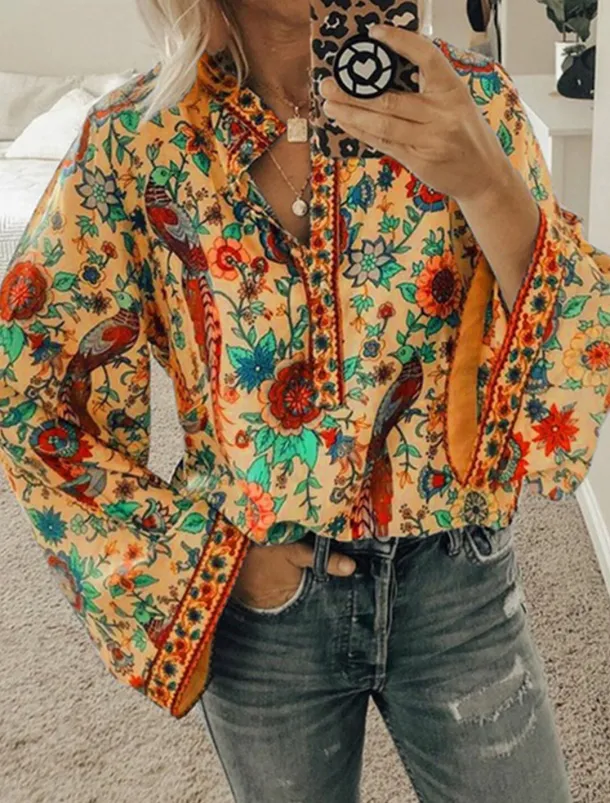 Women's Shirt Blouse Yellow Pink Dusty Rose Graphic Floral Button Print Long Sleeve Daily Holiday Vintage Boho Streetwear Round Neck Regular Boho S