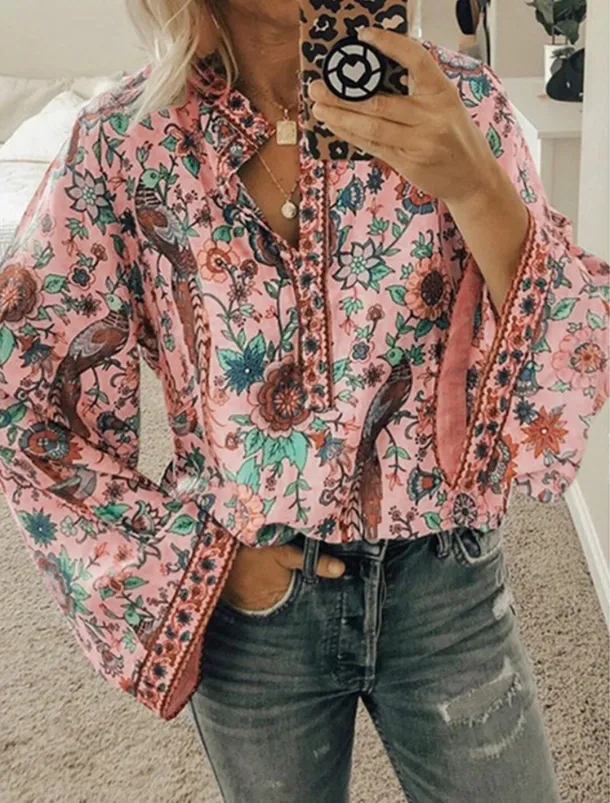 Women's Shirt Blouse Yellow Pink Dusty Rose Graphic Floral Button Print Long Sleeve Daily Holiday Vintage Boho Streetwear Round Neck Regular Boho S