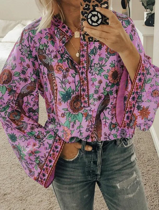 Women's Shirt Blouse Yellow Pink Dusty Rose Graphic Floral Button Print Long Sleeve Daily Holiday Vintage Boho Streetwear Round Neck Regular Boho S
