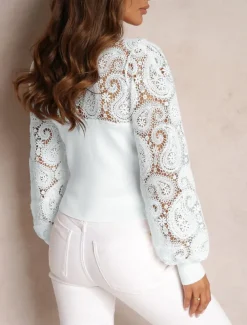 Women's Shirt Boho Shirt Blouse Solid Color Business Modern Casual Long Sleeve Crew Neck Regular Tops Work Formal Wear Lace White Beige Summer Spring