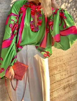 Women's Shirt Boho Shirt Blouse Peasant Blouse Boho Print Long Sleeve Regular Tops Casual Holiday Green Summer Spring