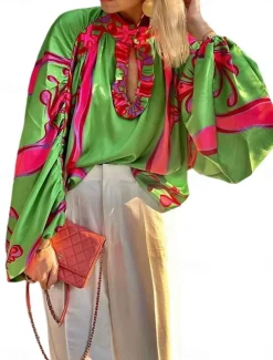 Women's Shirt Boho Shirt Blouse Peasant Blouse Boho Print Long Sleeve Regular Tops Casual Holiday Green Summer Spring