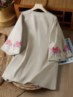 Women's Shirt Boho Shirt Linen-Inspired Shirts Dressy Tops Solid Color Floral Casual Boho 3/4 Length Sleeve Elbow Sleeve Bell Sleeve V Neck Long Tops Vacation Party Daily Embroidered Gray Autumn