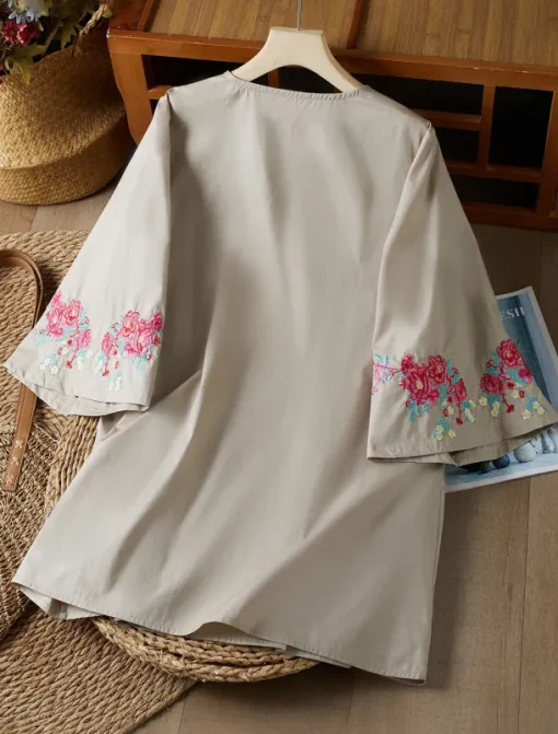 Women's Shirt Boho Shirt Linen-Inspired Shirts Dressy Tops Solid Color Floral Casual Boho 3/4 Length Sleeve Elbow Sleeve Bell Sleeve V Neck Long Tops Vacation Party Daily Embroidered Gray Autumn