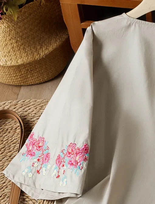Women's Shirt Boho Shirt Linen-Inspired Shirts Dressy Tops Solid Color Floral Casual Boho 3/4 Length Sleeve Elbow Sleeve Bell Sleeve V Neck Long Tops Vacation Party Daily Embroidered Gray Autumn