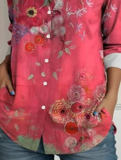 Women's Shirt Button Down Tunic Shirt Collar Long Sleeve Floral Casual Regular Tops Work Daily s Print Pink Spring Fall Winter