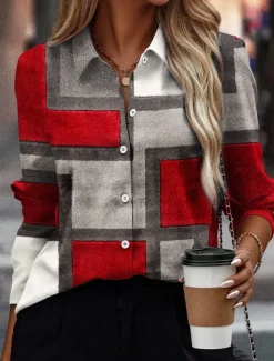Women's Shirt Button Down Tunic Shirt Collar Long Sleeve Fashion Plaid s Print Regular Tops Casual Rose Gold Red Blue Orange Green Spring & Fall