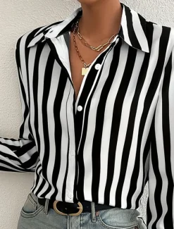 Women's Shirt Button Down Tunic Shirt Collar Long Sleeve Striped Casual Regular Tops Work Daily s Print Black Spring Fall Winter