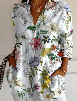 Women's Shirt Button Down Tunic Shirt Collar Long Sleeve Ombre Floral Graphic Vintage Tropical Stylish Regular Tops Work Daily s Print White Pink Red Green Beige Spring Fall