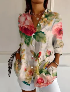 Women's Shirt Button Down Tunic Shirt Collar Long Sleeve Ombre Floral Graphic Vintage Tropical Stylish Regular Tops Work Daily s Print White Pink Red Green Beige Spring Fall
