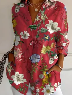 Women's Shirt Button Down Tunic Shirt Collar Long Sleeve Ombre Floral Graphic Vintage Tropical Stylish Regular Tops Work Daily s Print White Pink Red Green Beige Spring Fall