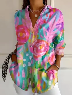 Women's Shirt Button Down Tunic Shirt Collar Long Sleeve Ombre Floral Graphic Vintage Tropical Stylish Regular Tops Work Daily s Print White Pink Red Green Beige Spring Fall