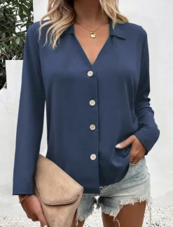 Women's Shirt Button Down Blouse Solid Color Stylish Casual Long Sleeve V Neck Regular Tops Daily Buttons Black White Blue Fuchsia Summer Spring