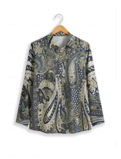 Women's Shirt Button Down Tunic Shirt Collar Long Sleeve Elegant Vintage Fashion Paisley s Print Regular Tops Casual Daily Holiday Blue Spring Fall