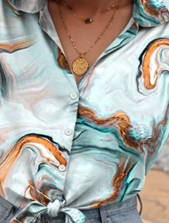 Women's Shirt Button Down Tunic Shirt Collar Long Sleeve Tie Dye Abstract Casual Regular Tops Work Daily s Print Light Blue Spring Fall Winter