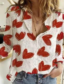 Women's Shirt Button Down Tunic Shirt Collar Long Sleeve Heart Daily Stylish Long Tops Daily Going out s Print Red Spring