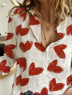 Women's Shirt Button Down Tunic Shirt Collar Long Sleeve Heart Daily Stylish Long Tops Daily Going out s Print Red Spring
