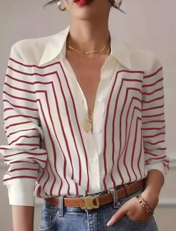 Women's Shirt Button Down Tunic Shirt Collar Long Sleeve Striped Casual Regular Tops Work Daily s Print Black Red Spring Fall Winter