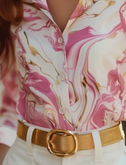Women's Shirt Button Down Tunic Shirt Collar Long Sleeve Marble Print Work Elegant Stylish Business Pink Fall