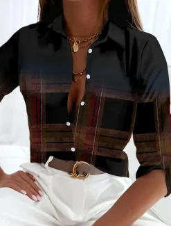 Women's Shirt Button Down Tunic Shirt Collar Long Sleeve Plaid Casual Regular Tops Work Daily s Print Black Spring Fall Winter