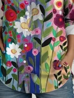 Women's Shirt Button Down Tunic Shirt Collar Long Sleeve Floral Elegant Vintage Tropical Regular Tops Work Daily s Print Rainbow Summer