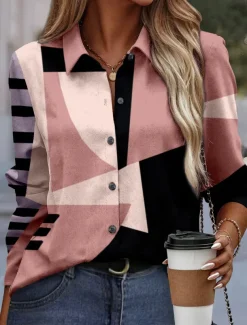 Women's Shirt Button Down Tunic Shirt Collar Long Sleeve Fashion Color Block s Print Regular Tops Casual Pink Blue Purple Green Khaki Spring & Fall