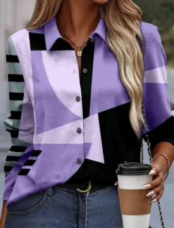 Women's Shirt Button Down Tunic Shirt Collar Long Sleeve Fashion Color Block s Print Regular Tops Casual Pink Blue Purple Green Khaki Spring & Fall