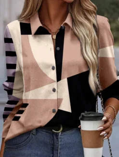 Women's Shirt Button Down Tunic Shirt Collar Long Sleeve Fashion Color Block s Print Regular Tops Casual Pink Blue Purple Green Khaki Spring & Fall