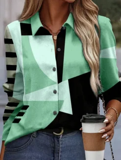 Women's Shirt Button Down Tunic Shirt Collar Long Sleeve Fashion Color Block s Print Regular Tops Casual Pink Blue Purple Green Khaki Spring & Fall